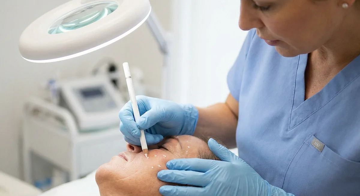 Profissional marcando pontos de referência no rosto de uma paciente durante a avaliação facial