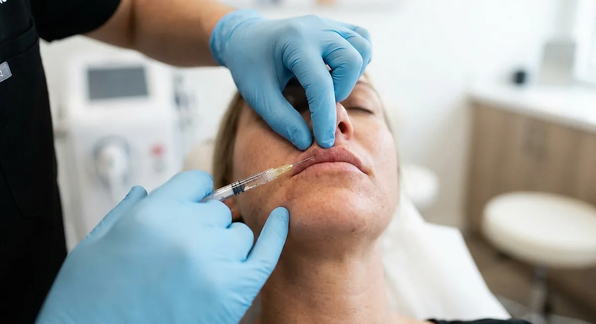 Aplicação de preenchimento labial, com atenção à proporção natural do rosto