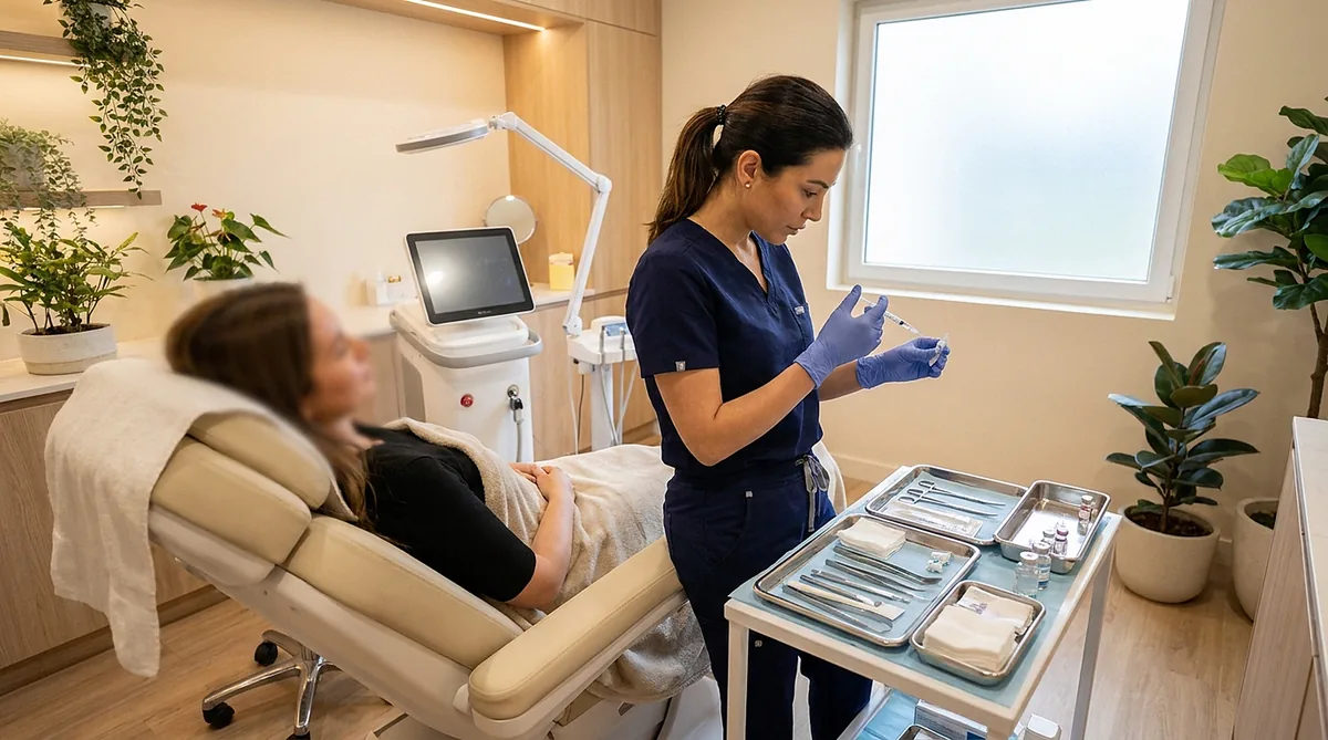 Profissional preparando aplicação em consultório equipado, durante sessão de harmonização facial