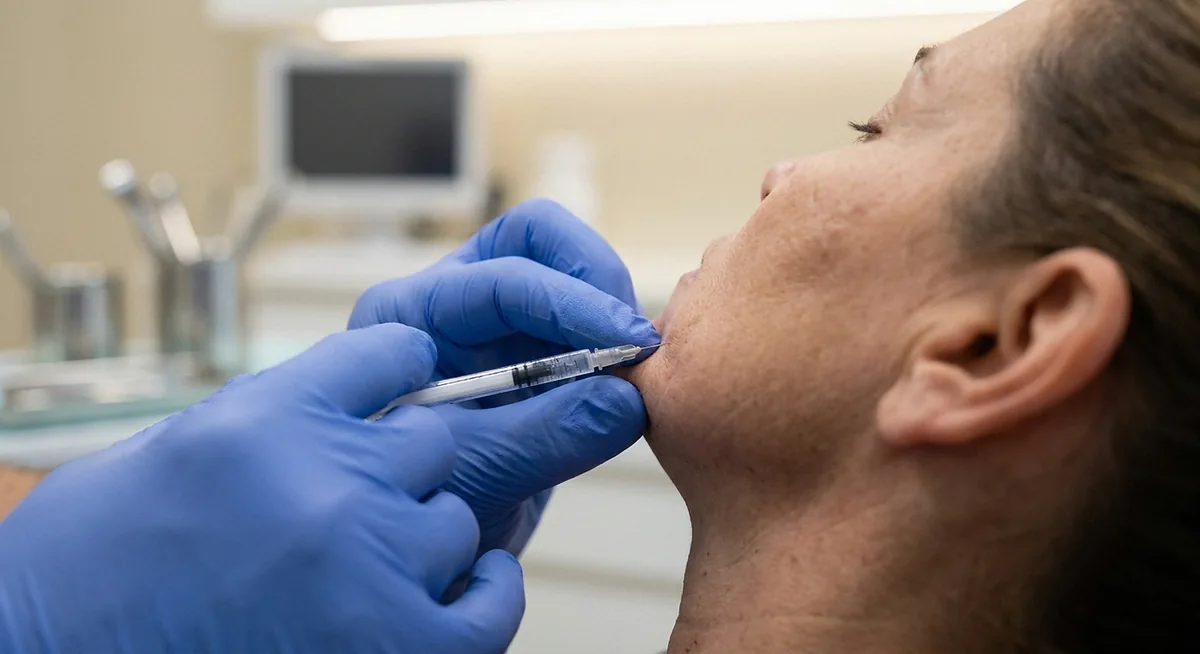 Aplicação de bioestimulador de colágeno no rosto, com textura de pele visível de perto